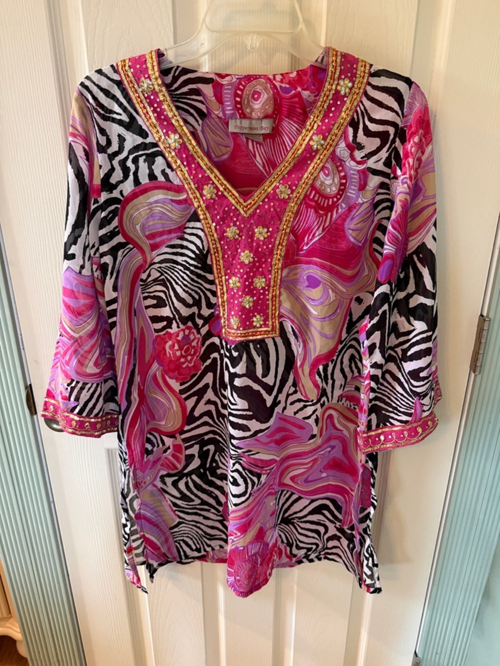 Peppermint Bay Embroidered & sequin Pink Zebra-Print Women's swimsuit cover up